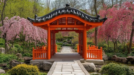 Obraz premium Japanese garden gazebo with cherry blossoms