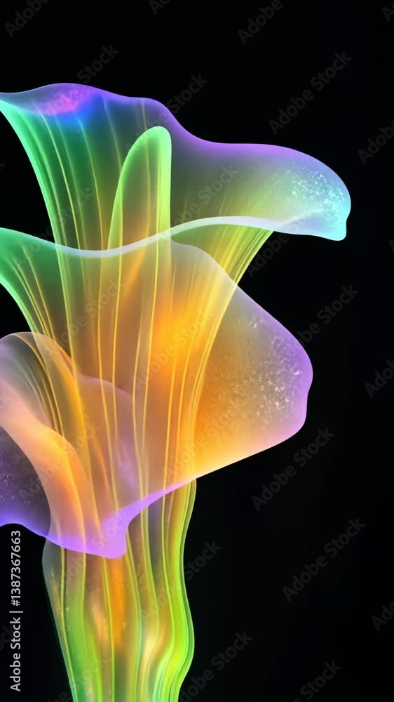 Poster colorful abstract digital art featuring flowing shapes and vibrant hues on a dark background showcas