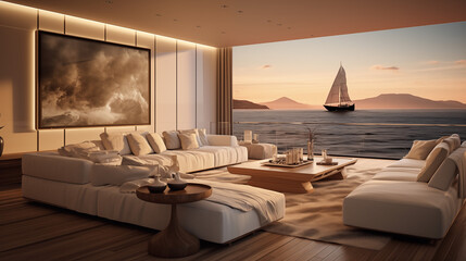 Maison d'architecture moderne, villa de luxe avec vue sur la mer. Coucher de soleil. Appartement de style Méditerranée. Arrière-plan pour conception et création graphique.	