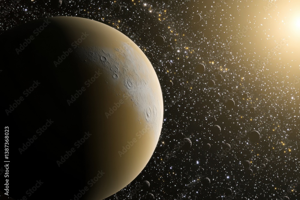 Poster exploring the vastness of space with a distant planet and twinkling stars