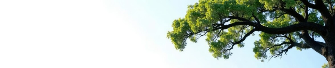 Fototapeta premium White background with a large branch of an oak tree against the cold blue sky, oak, branch