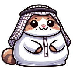 Cute cartoon cat in traditional Middle Eastern attire isolated on white background,chubby cartoon cat in arabic clothes 
