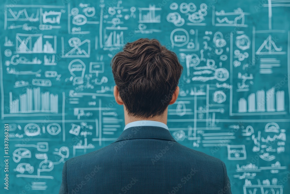 Poster a person in a suit stands before a chalkboard filled with graphs, charts, and complex data, suggesti