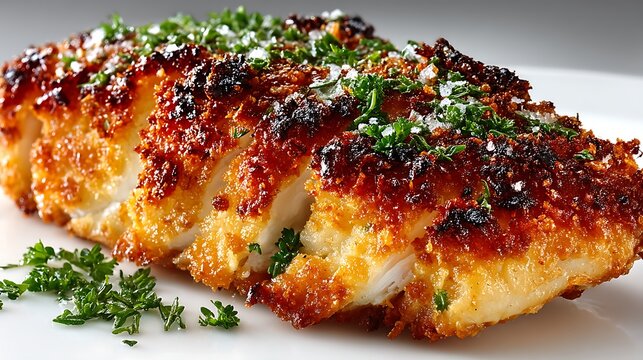 A close-up view of a delicious, golden-brown fish fillet, beautifully plated with fresh herbs, evoking the mouthwatering appeal of culinary expertise. 