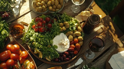 A selection of fresh vegetables including olives, cheese, and salad ingredients ready for a picnic or summer meal.