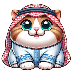 Cute cartoon cat in traditional Middle Eastern attire isolated on white background,chubby cartoon cat in arabic clothes 