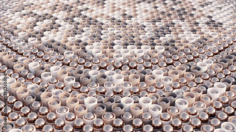 Poster abstract 3d animation of metallic spheres popping from round cylinders in minimalistic brown-toned c