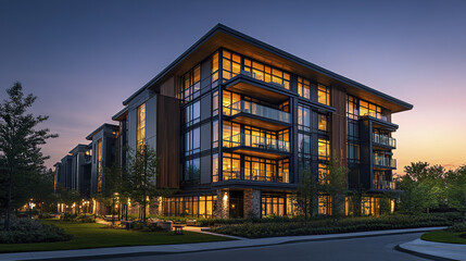 Fototapeta premium Modern urban condo with glass facade at dusk, warm lighting creates inviting ambiance