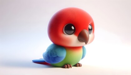 3D baby parrot with soft colorful feathers and expressive eyes on white isolated background