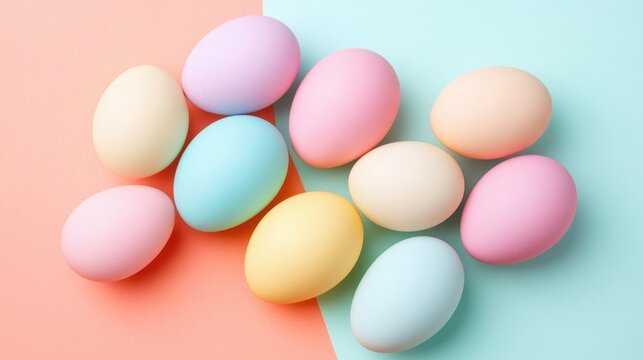 A group of pastel eggs in triangular layout on soft colored background, minimal design