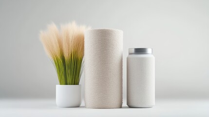 A beige fabric roll is the central focus, flanked by a white container and a potted plant with beige-tipped green stalks. The composition is simple, clean, and minimalist. The image is high-quality w