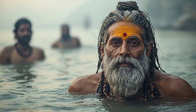 Indian men bathing in the Ganges River during Kumbh Mela festival