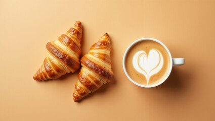 Two buttery croissants and creamy latte on a solid background — isolated, cozy, and perfect for showcasing morning rituals, café menus, or European breakfast vibes.