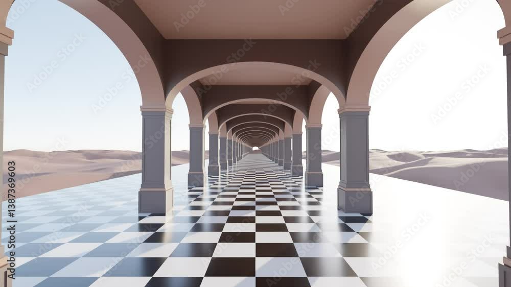 Poster abstract 3d infinite corridor with columns and black-and-white checker floor extending through a des