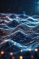 High-tech image with artificial intelligence data network, dark blue background, 3D illustration.