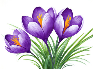 Crocus Flowers, Watercolor Illustration With White Background