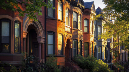 Fototapeta premium Historic brick row houses with intricate detailing in warm sunlight