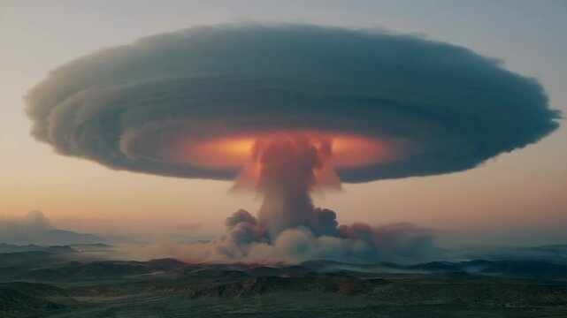 A towering mushroom cloud rises in the distance, symbolizing the immense power and devastating potential of nuclear technology.


