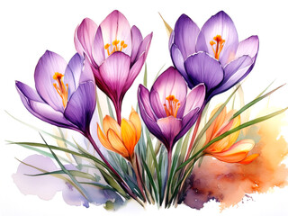 Crocus Flowers, Watercolor Illustration With White Background