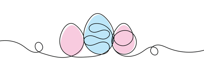 Egg line art. Continuous line drawing of an easter egg. Abstract decorative horizontal divider with easter color eggs. Easter border with eggs and cute continuous line art drawing style vector.