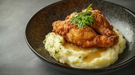 A plate of crispy fried chicken with mashed potatoes and gravy. Featuring indulgence and comfort
