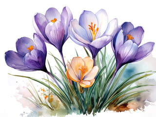 Crocus Flowers, Watercolor Illustration With White Background