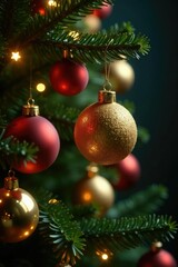 Twinkling golden Christmas ball suspended high on the branch of a majestic Christmas tree adorned with lights and ornaments, balls, holiday