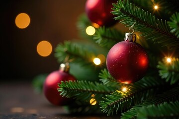 Twinkling lights adorn a sprig of fir with red ornaments, twinkling lights, illuminated, ornaments