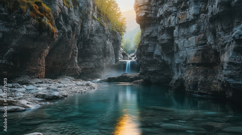Poster sunlit gorge with calm turquoise pool and small waterfall.