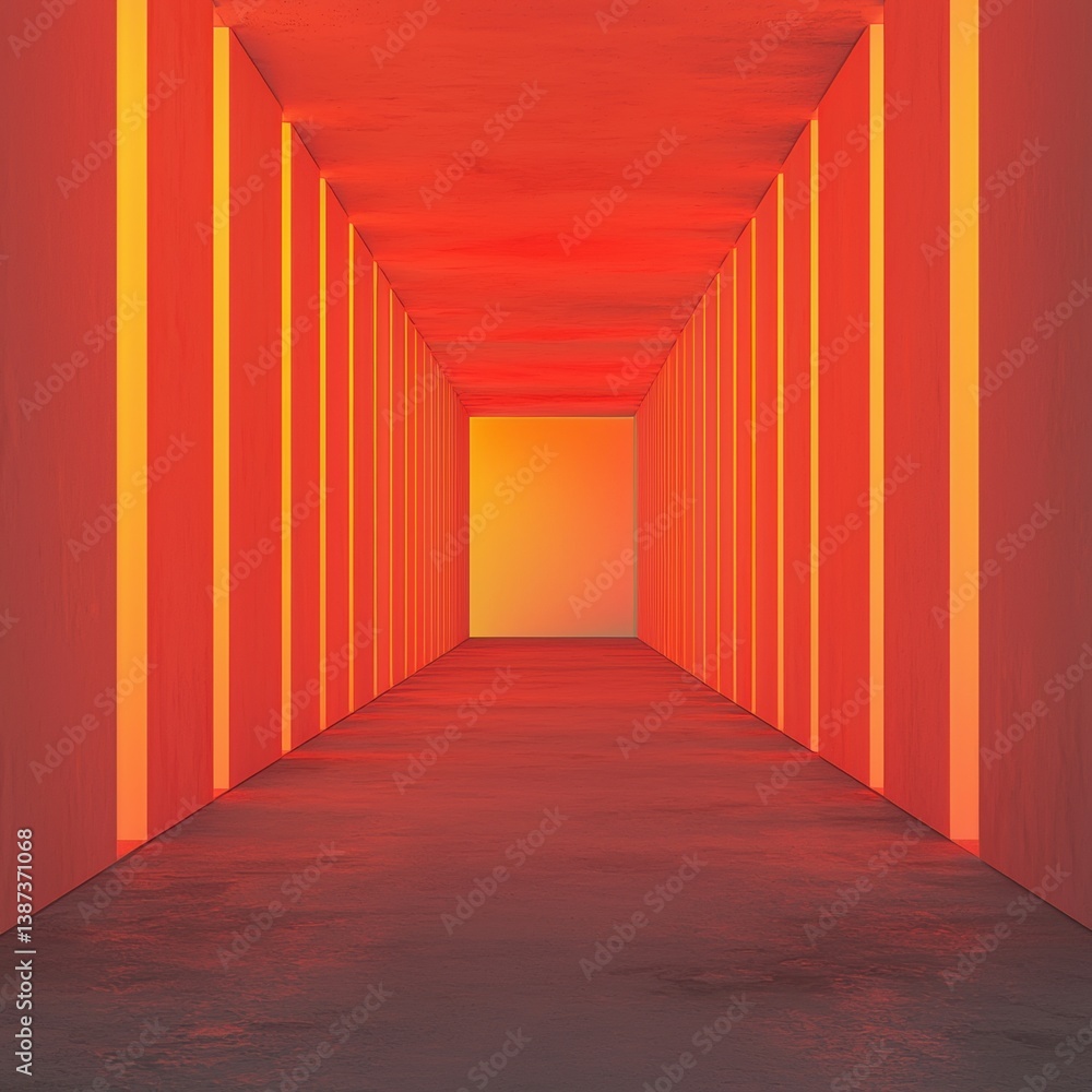 Poster a vibrant corridor illuminated in shades of red, featuring vertical light strips that create an imme