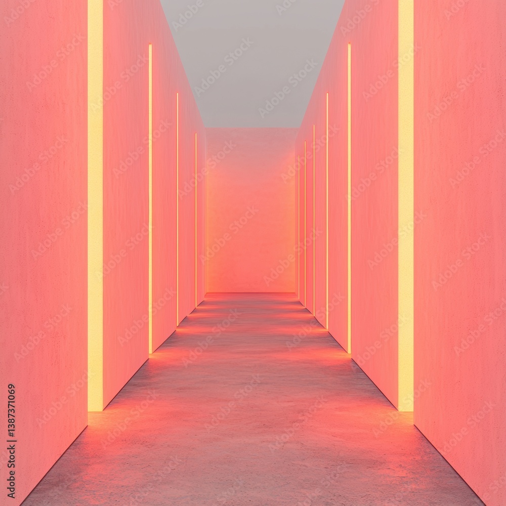Poster a modern corridor illuminated by soft pink light, creating a serene and minimalist atmosphere.