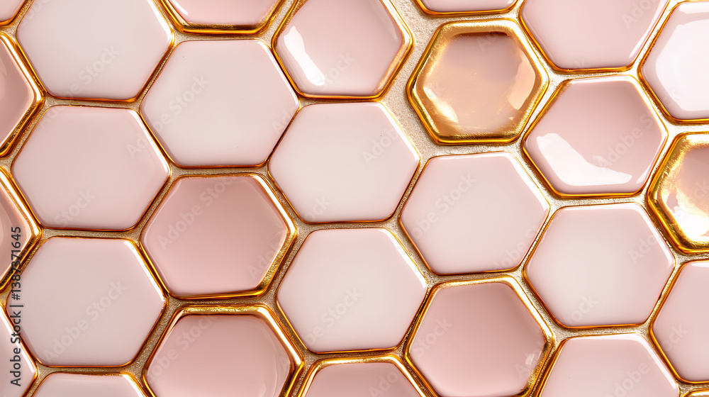 Poster elegant hexagonal tiles in soft pink and gold accents create modern and stylish design. this unique 