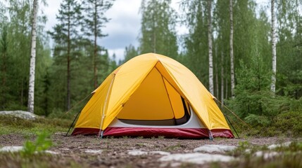 A yellow and red dome tent sits in a forest. The tent is open, showing its interior. The background features tall, slender trees. The image is well-lit with natural daylight, showcasing a high reso
