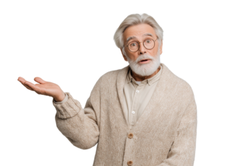 Überraschter älterer Mann mit Brille und ausdrucksvoller Gestik PNG mit transparentem Hintergrund

