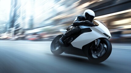 Fototapeta premium Rider in black leather gear accelerates smoothly on a sleek, white motorcycle through a bustling urban environment on a clear day.