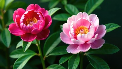 Fototapeta premium Bold peony & rose blossoms, lush green leaves, woven, art