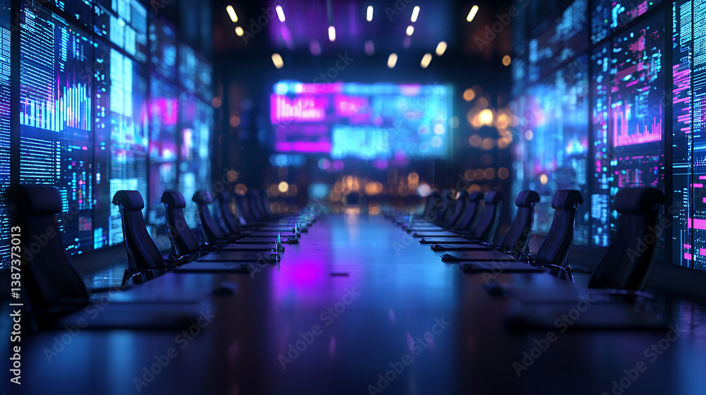 Aufkleber modern conference room with sleek black chairs and vibrant digital screens displaying data visualiza