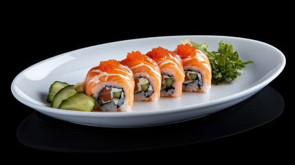 A plate of fresh sushi rolls with salmon, avocado, and cucumber. Featuring freshness and flavor