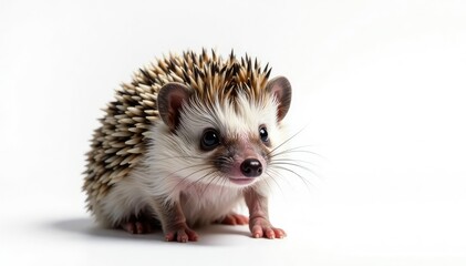 Close-up of a single hedgehog against a stark white backdrop, hedgehog, wildlife photography, woodland