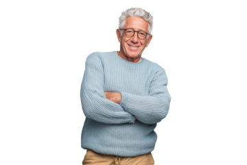 Lächelnder älterer Mann mit Brille in hellblauem Pullover PNG mit transparentem Hintergrund

