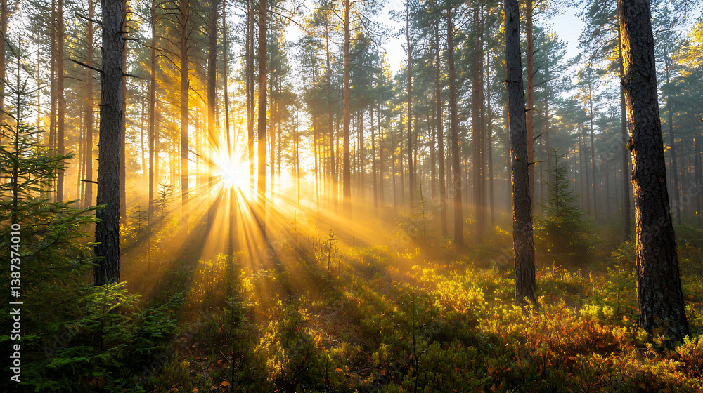 Poster serene forest scene with sunlight streaming through tall trees, creating magical atmosphere filled w