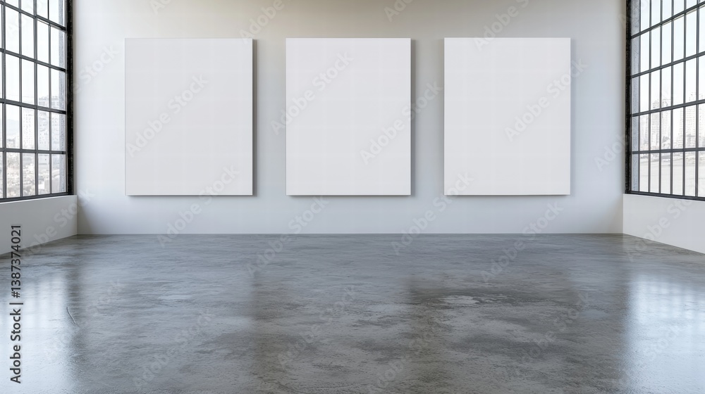 Poster empty art gallery with three blank canvases in minimalist interior design setting