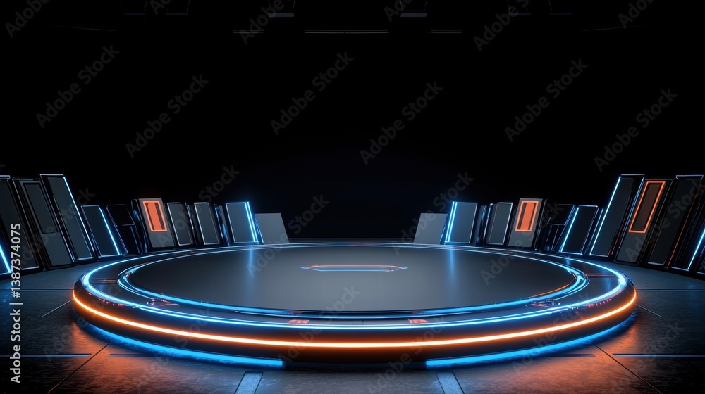 Poster digital illustration of a circular quiz stage with neon elements on dark background