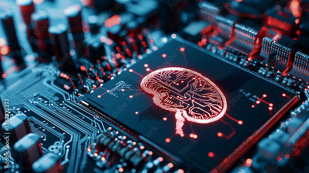 Poster futuristic circuit board with glowing brain design, symbolizing artificial intelligence and technolo