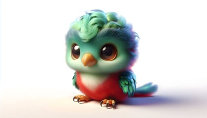 Obraz premium Adorable baby quetzal with fluffy tail and big shiny eyes in 3D style