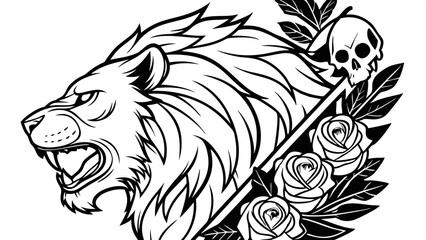 Obraz premium Majestic Lion Head with Skull and Roses A Powerful Black and White Illustration