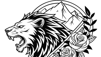Fototapeta premium Majestic Lion with Mountain and Rose Tattoo Design Black and White Ink Illustration