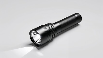 A black flashlight illuminates a gray surface, casting a bright spotlight. The angled position highlights its sleek design and focused beam.