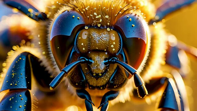 Close-up of pollen-covered bee with golden hair and large compound eyes macro view