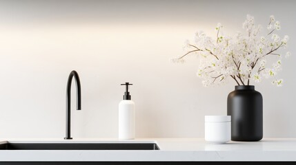Fototapeta premium A sleek, black gooseneck faucet is centered above a modern sink. A white soap dispenser and small white container sit beside a black vase holding delicate white blossoms. The image is high-quality,